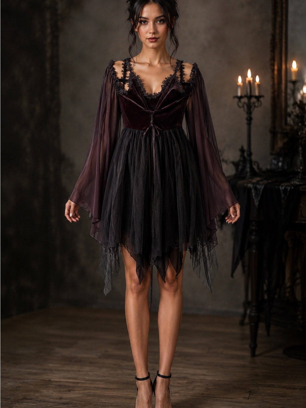 Romwe Dress Womens XS Black Velvet Fairy Grunge Asymmetric Goth Whimsigoth NWT